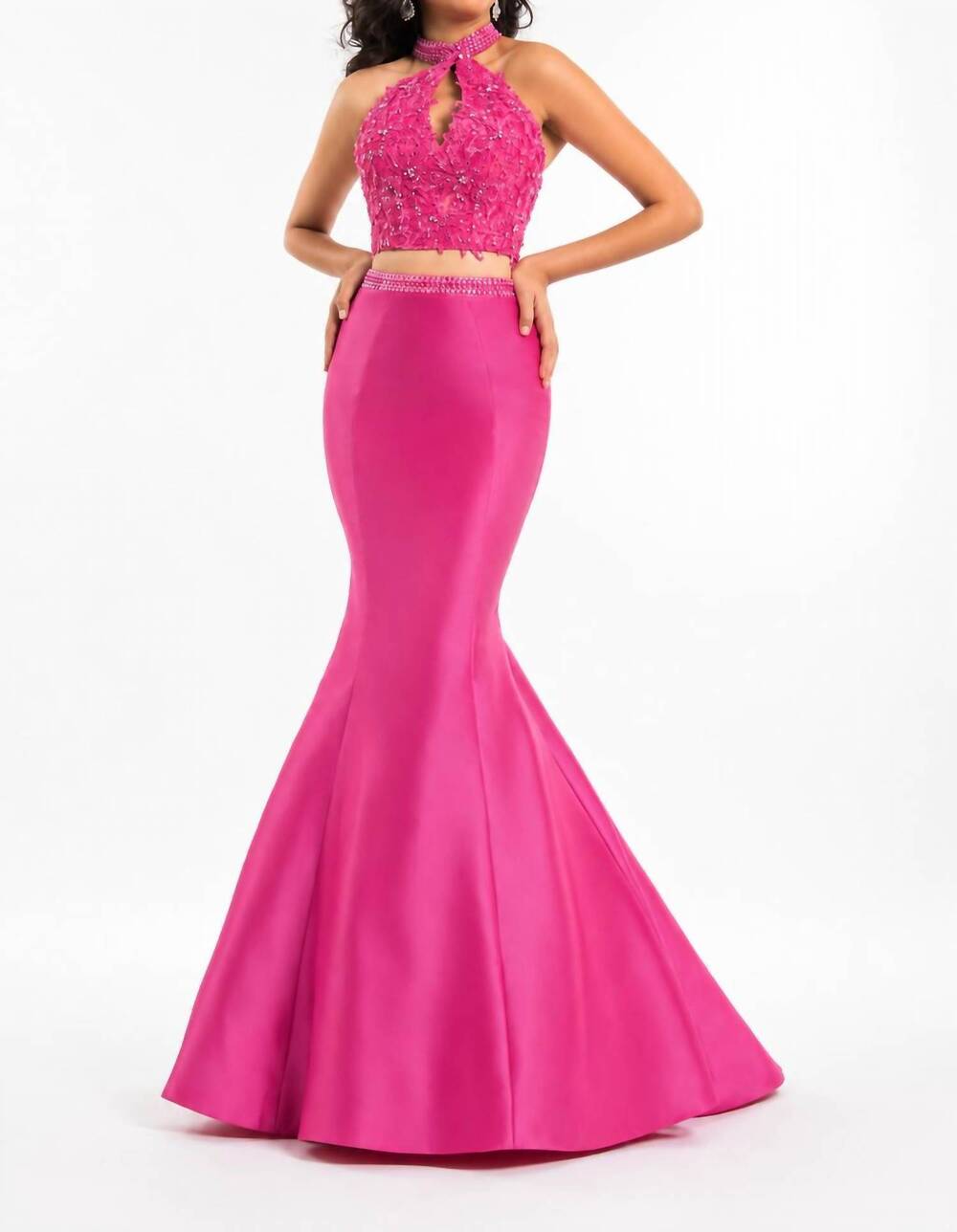 NEW RACHEL ALLAN lace mermaid dress in fuchsia